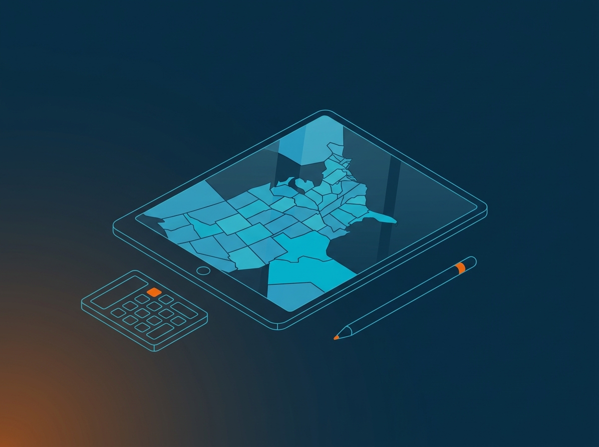 An abstract Unit Area of Insurance polygon map on a screen or printed sheet, with a calculator and stylus nearby.